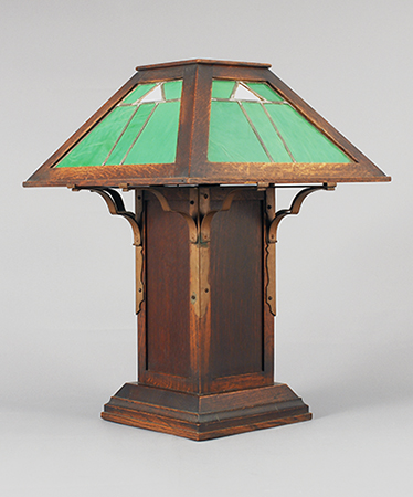 Fig. 1 - Attributed to Dard Hunter, (American, 1883-1966), designer and maker, Roycroft Shops, East Aurora, NY, Lamp, c. 1906-1907, oak, copper, leaded glass, 25½ × 18¾ inches square. Two Red Roses Foundation Collection.