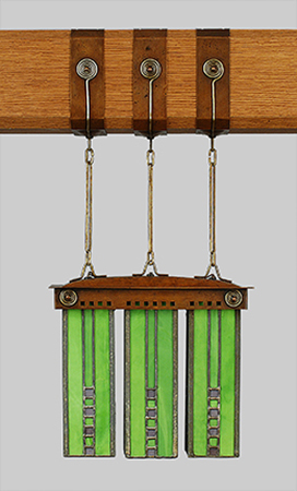 Fig. 2 - Attributed to Dard Hunter (American, 1883-1966), designer, Roycroft Shops, East Aurora, NY, manufacturer, Electrolier (model no. C - 48), c. 1909-1910, copper, German silver, leaded glass, 12½ × 14 × 5½ inches. Two Red Roses Foundation Collection.