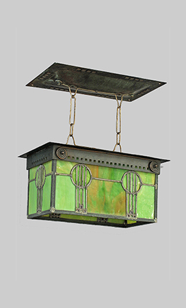 Fig. 3 - Attributed to Dard Hunter (American, 1883-1966), designer, Roycroft Shops, East Aurora, NY, manufacturer, 'Chapel' lantern, c. 1909-1910, copper, German silver, leaded glass, 8½ × 14¾ × 8¾ inches. Two Red Roses Foundation Collection.