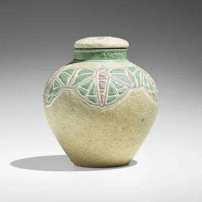 Grueby Faience Company - Covered jar with moths, c. 1898-1910