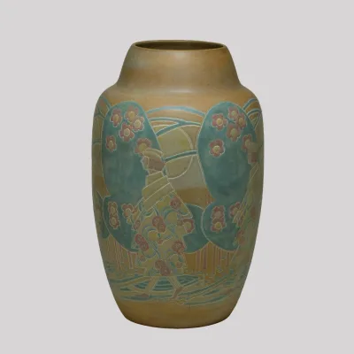 Grueby Faience Company - Covered jar with moths, c. 1898-1910